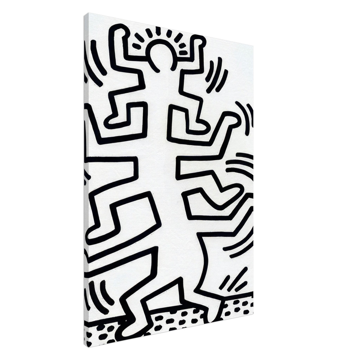 Keith Haring Canvas Print featuring energetic black-and-white dancing figures, bold black outlines, radiant movement lines, and a dotted border on a white background.