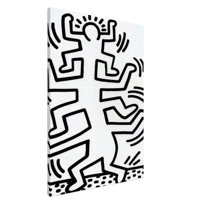 Keith Haring Canvas Print featuring energetic black-and-white dancing figures, bold black outlines, radiant movement lines, and a dotted border on a white background.