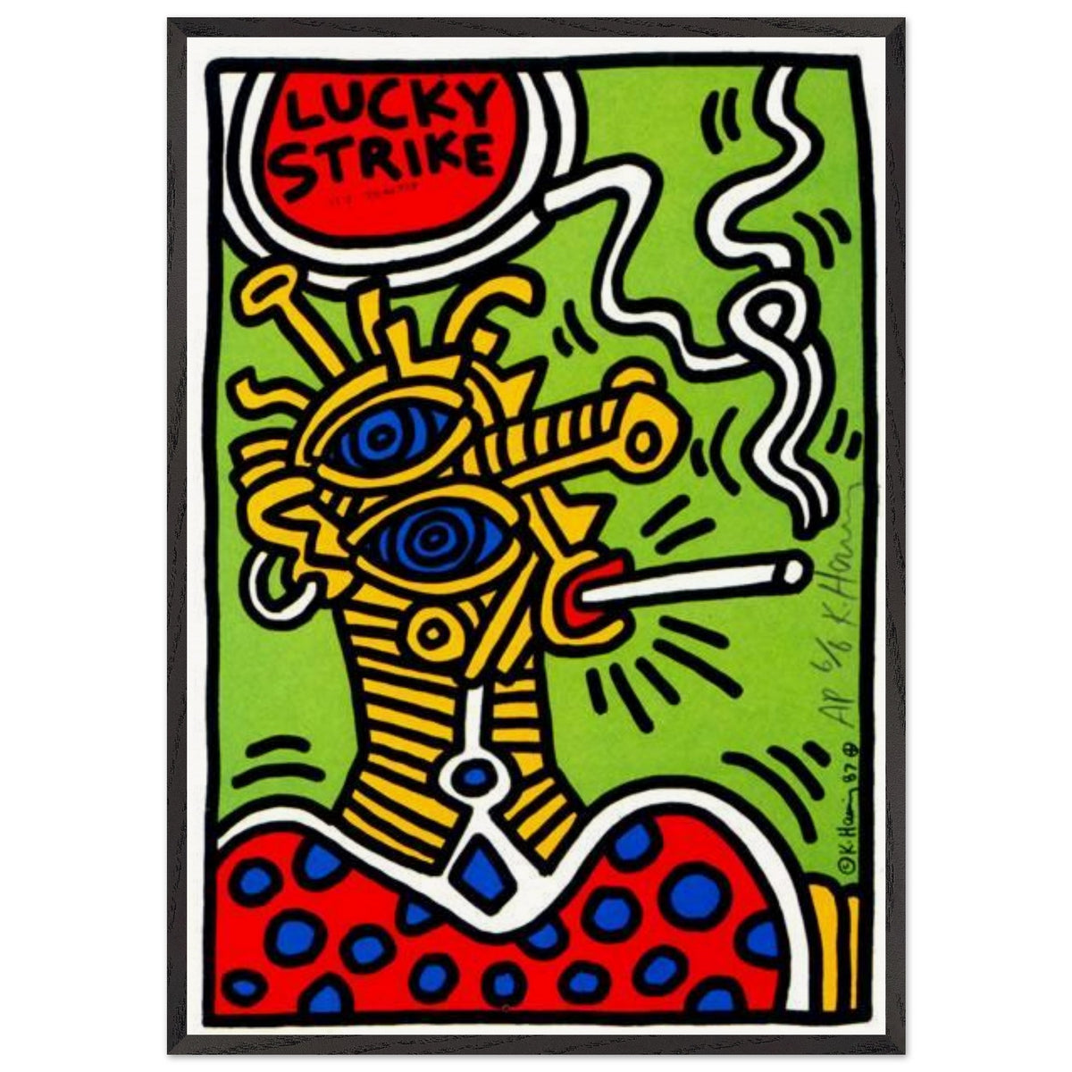 Keith Haring Lucky Strike print featuring an abstract figure smoking a cigarette, with bold black outlines and vivid red, green, yellow and blue colors