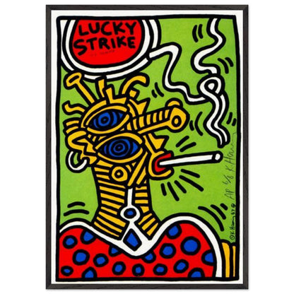 Keith Haring Lucky Strike print featuring an abstract figure smoking a cigarette, with bold black outlines and vivid red, green, yellow and blue colors