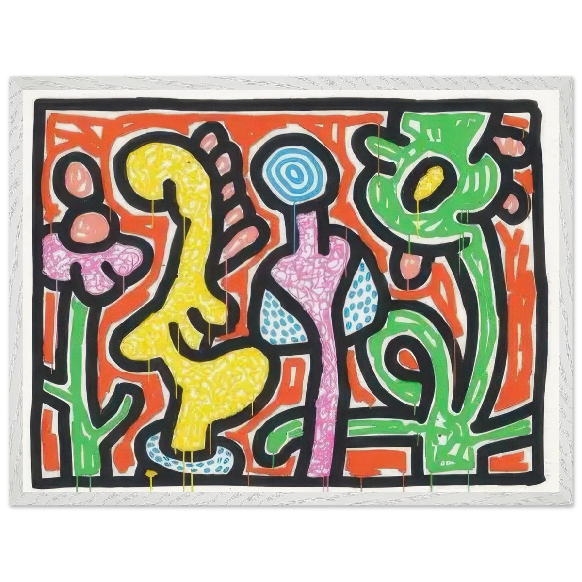 Keith Haring framed print featuring iconic artwork, bold lines and vibrant Pop Art colours