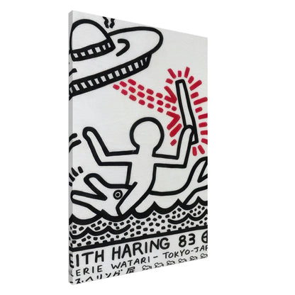 Keith Haring 1983 Canvas Print featuring a black-and-white dancing figure holding a red sunburst on a white background with stylized waves and bold graphic lines.