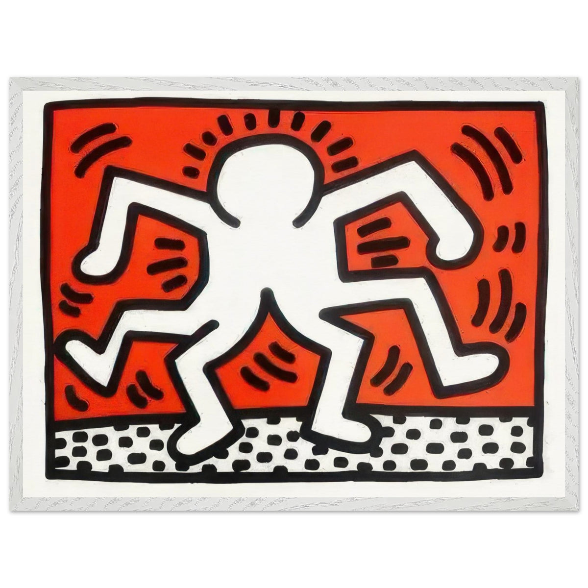 Keith Haring framed art print featuring dynamic white figures with bold black outlines on a vibrant red background