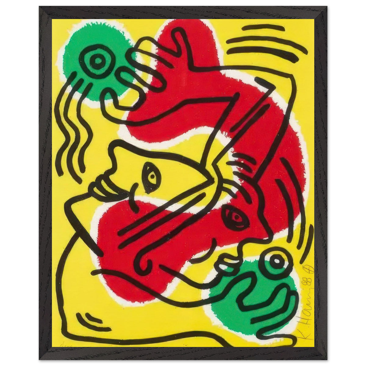 Keith Haring print featuring bold red abstract figures with green and yellow accents on a bright yellow background
