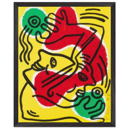 Keith Haring print featuring bold red abstract figures with green and yellow accents on a bright yellow background