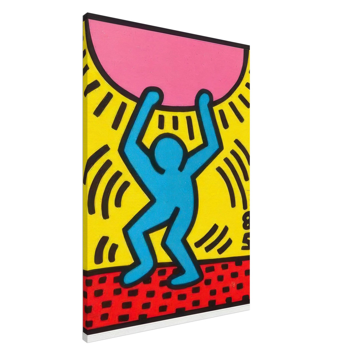 Keith Haring Canvas Print featuring a blue dancing figure holding a pink semicircle against a bright yellow background with bold black lines and a red patterned border.