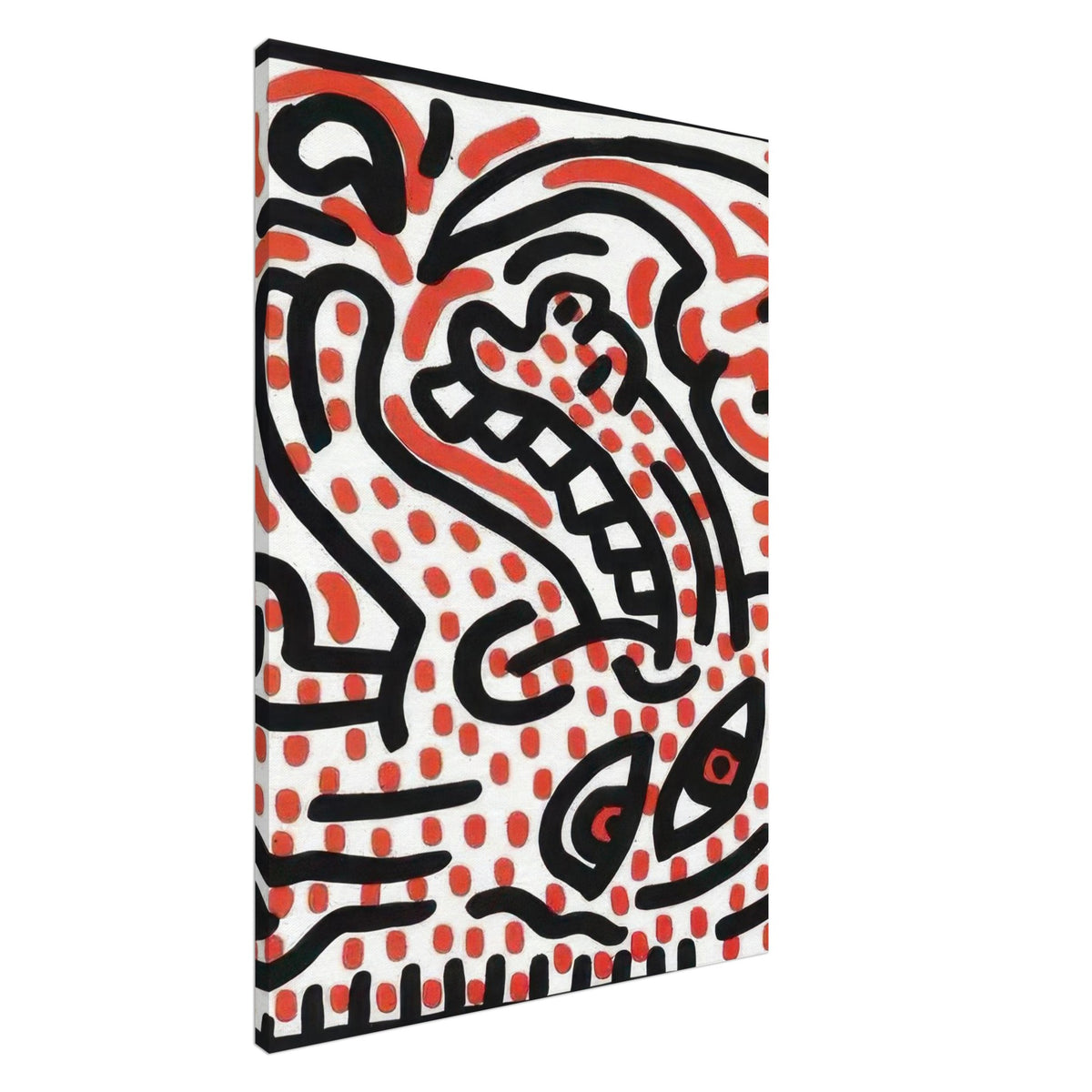 Keith Haring Canvas featuring bold black abstract figures, expressive linework, and red patterns on a white background.