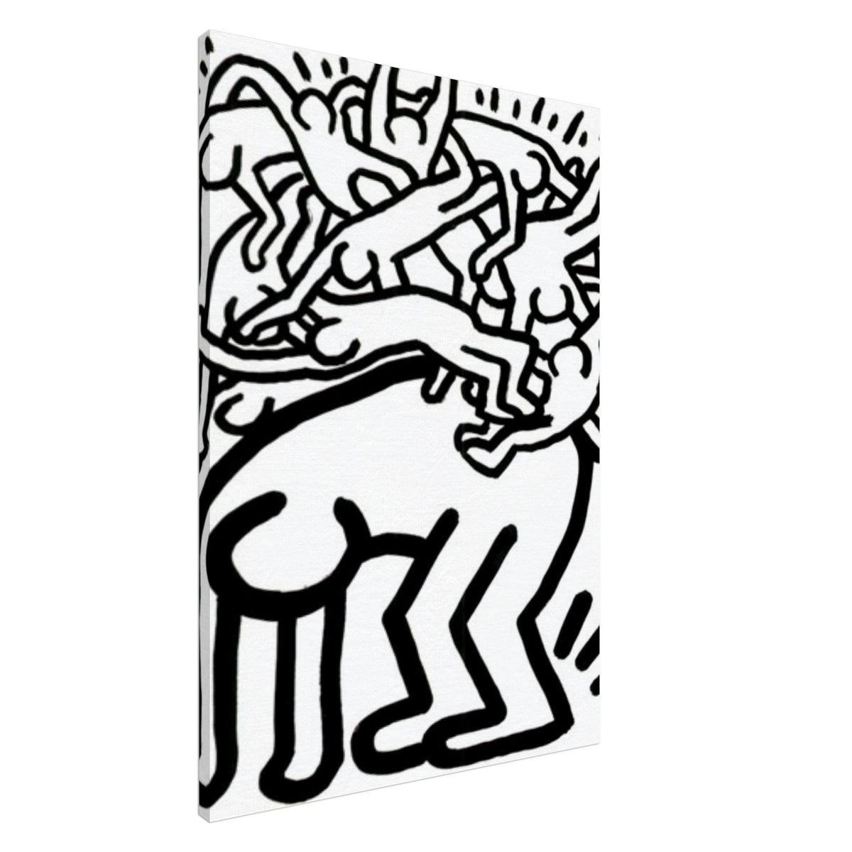 Keith Haring Black and White Canvas Print featuring energetic dancing figures, bold black outlines, and expressive movement lines on a white background.