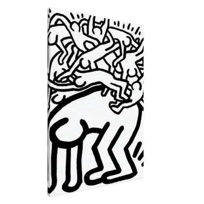 Keith Haring Black and White Canvas Print featuring energetic dancing figures, bold black outlines, and expressive movement lines on a white background.