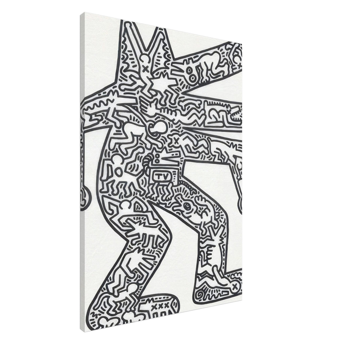 Keith Haring Black and White Canvas Print featuring multiple dancing figures, bold black outlines, X-shaped symbols, and a cloud-like graphic on a white background.
