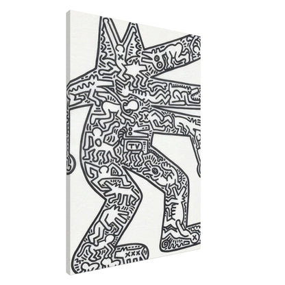 Keith Haring Black and White Canvas Print featuring multiple dancing figures, bold black outlines, X-shaped symbols, and a cloud-like graphic on a white background.