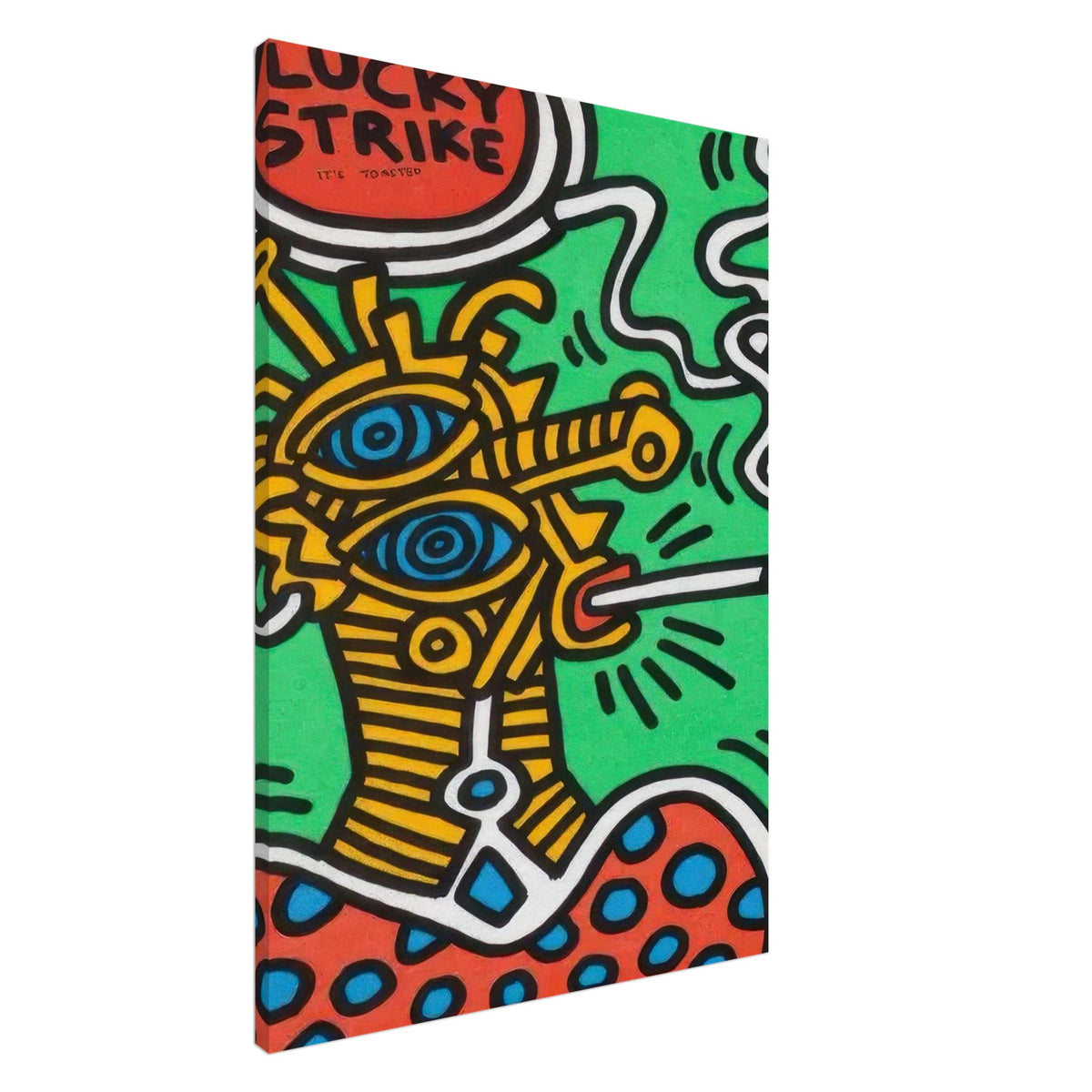 Keith Haring Lucky Strike Canvas Print featuring a bold yellow two-eyed figure, black outlines, a green background, and red and blue decorative patterns.