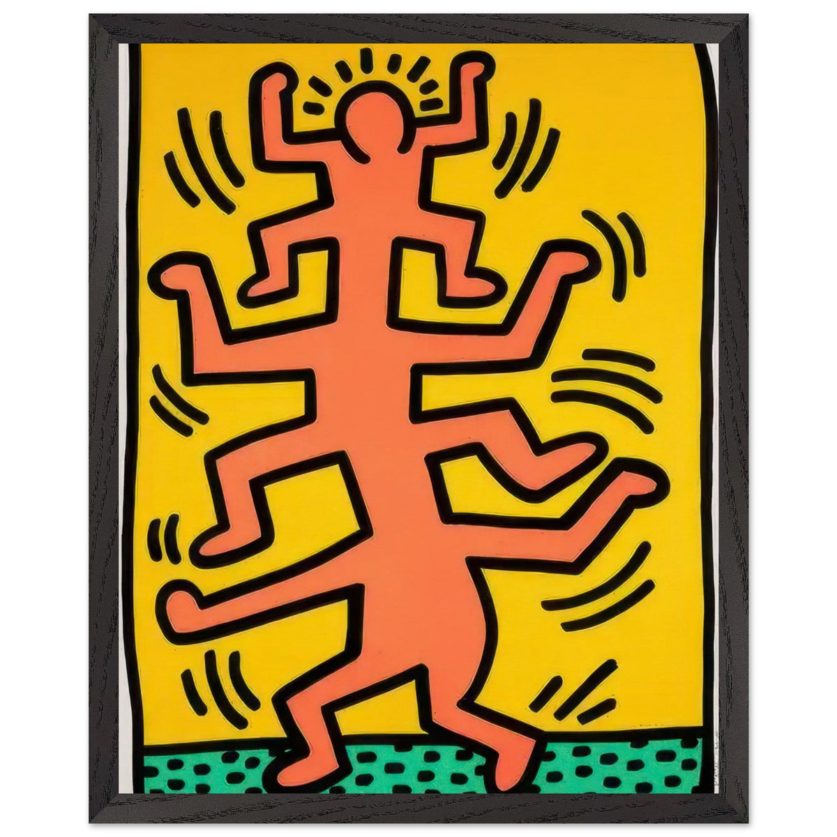 Keith Haring framed art print featuring a dynamic group of interconnected figures, bold black outlines and vibrant yellow, orange and green colours