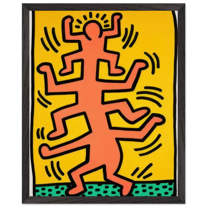 Keith Haring framed art print featuring a dynamic group of interconnected figures, bold black outlines and vibrant yellow, orange and green colours