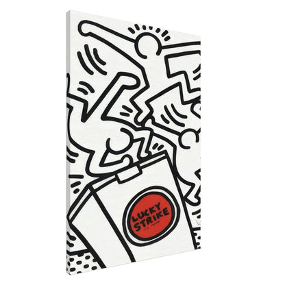 Keith Haring Lucky Strike Canvas Print featuring energetic black-and-white dancing figures, bold outlines, and a red Lucky Strike logo on a white background.