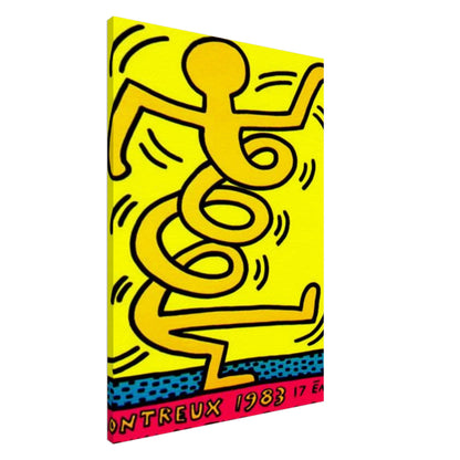 Keith Haring Montreux 1983 Canvas Print featuring a bold black dancing figure on a vibrant yellow background with blue and red details.