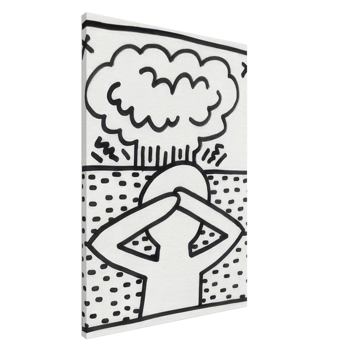 Keith Haring Black and White Canvas Print featuring a bold outlined figure beneath a large cloud-shaped graphic, with a dotted background and expressive black linework.