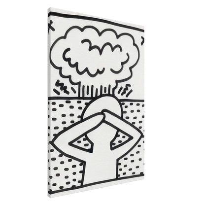 Keith Haring Black and White Canvas Print featuring a bold outlined figure beneath a large cloud-shaped graphic, with a dotted background and expressive black linework.