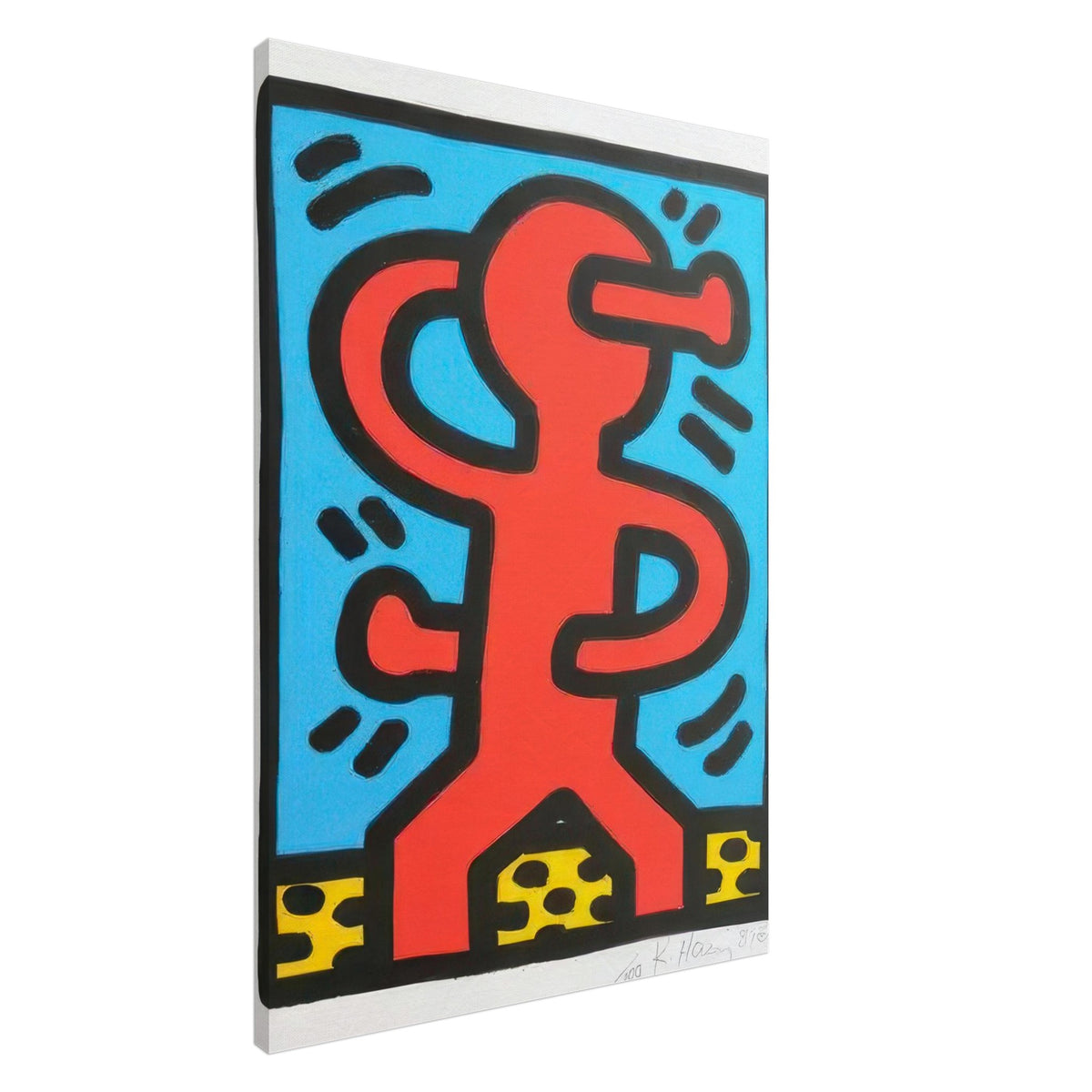 Keith Haring Canvas Print featuring a bold red abstract figure with thick black outlines, a bright blue background, and yellow decorative patterns.