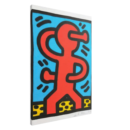 Keith Haring Canvas Print featuring a bold red abstract figure with thick black outlines, a bright blue background, and yellow decorative patterns.