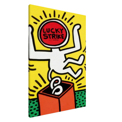 Keith Haring Lucky Strike Canvas Print featuring a white dancing figure holding a red Lucky Strike logo against a bright yellow background with green and orange geometric details.