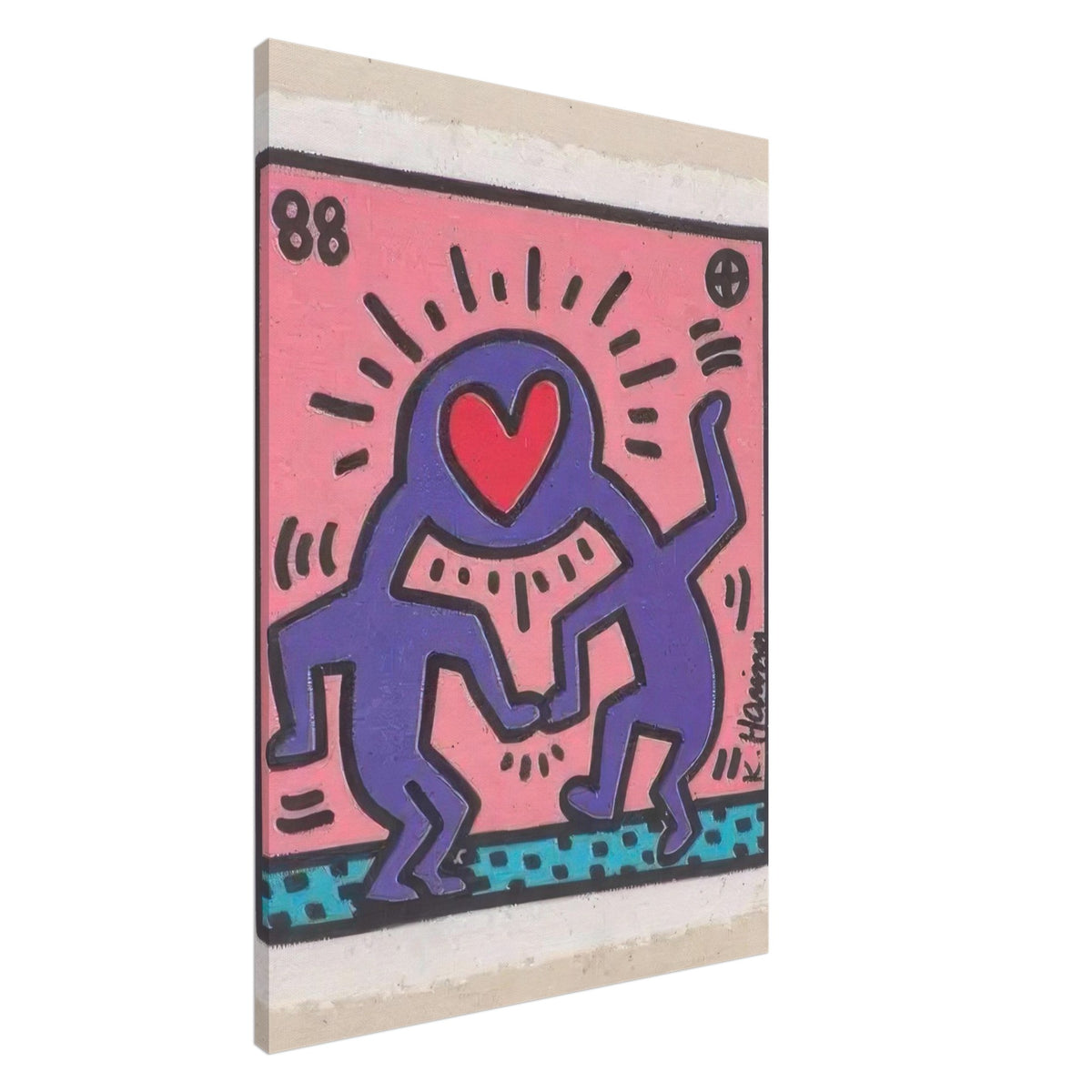 Keith Haring Canvas Print featuring two purple dancing figures with a red heart, bold black outlines, and a pink background with turquoise decorative details.