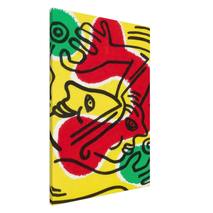 Keith Haring Canvas Print featuring bold abstract faces and hand shapes in red, green, and yellow with thick black outlines and expressive linework.