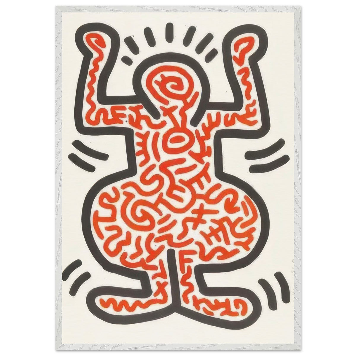 Keith Haring print featuring an expressive dancing figure filled with red abstract lines and surrounded by bold black movement lines