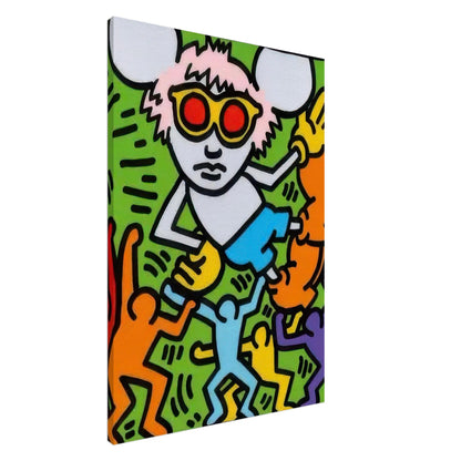 Keith Haring Canvas Print featuring a white-haired figure with red sunglasses and blue clothing, surrounded by colorful dancing figures on a vibrant green background.
