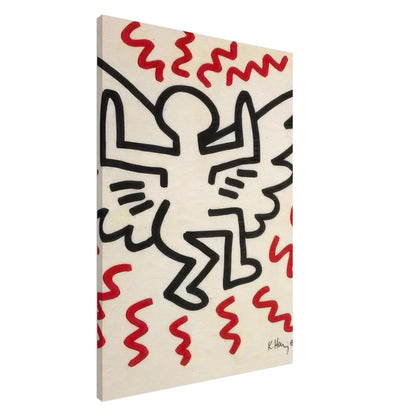 Keith Haring Canvas Print featuring a bold black dancing figure surrounded by red squiggly lines on a cream background.