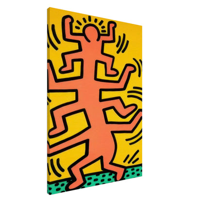 Keith Haring Canvas Print featuring bold coral dancing figures with thick black outlines on a bright yellow background and a green dotted border.