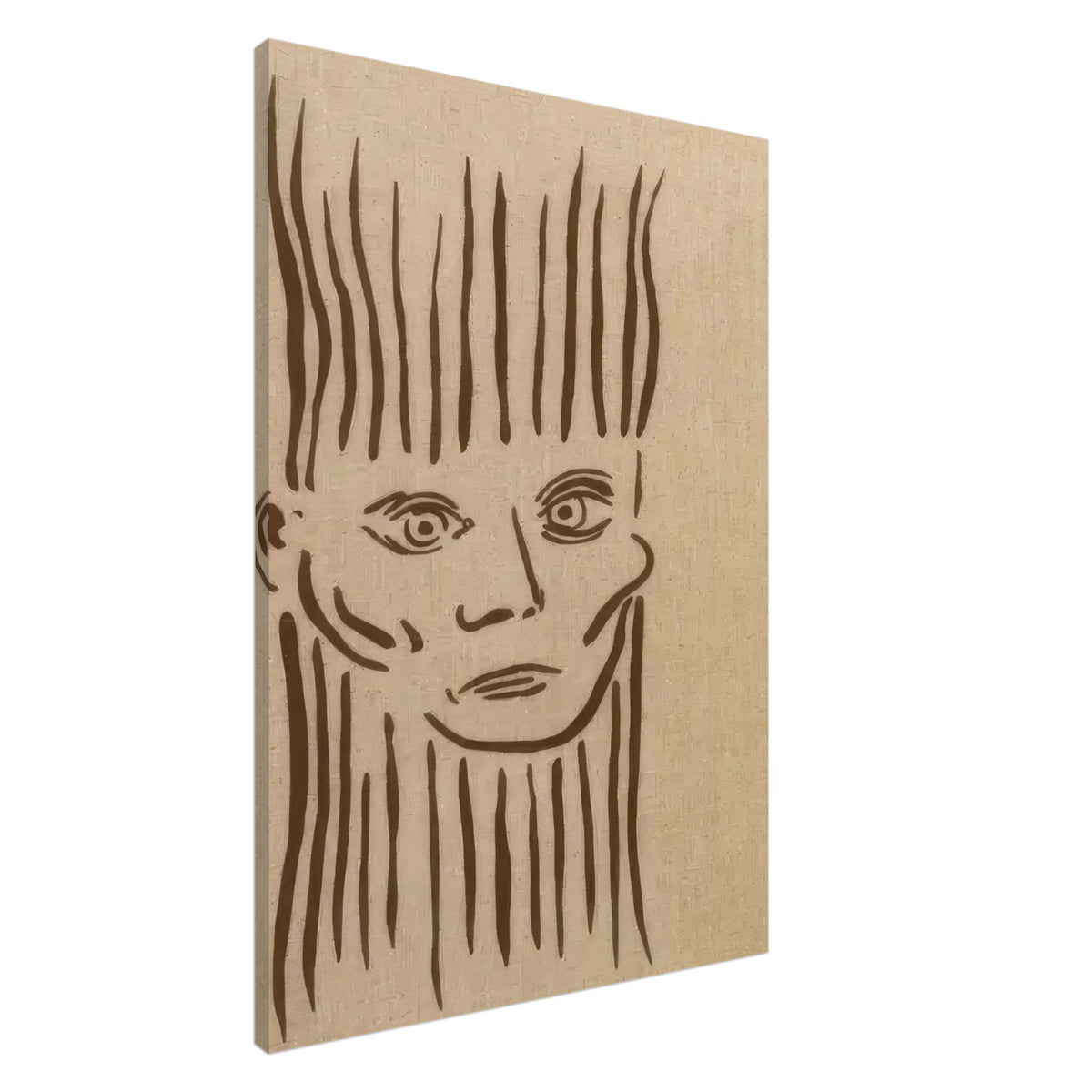 Abstract Line Portrait Canvas Print Featuring a Minimalist Face in Brown on a Textured Beige Background.