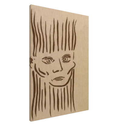 Abstract Line Portrait Canvas Print Featuring a Minimalist Face in Brown on a Textured Beige Background.