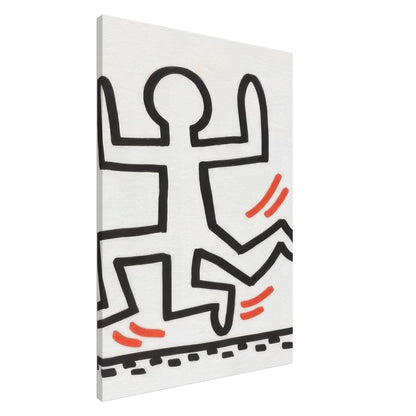 Keith Haring Canvas Print featuring a bold black dancing figure with raised arms, orange movement lines, and a dotted border on a white background.
