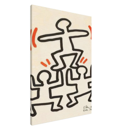 Keith Haring Canvas Print featuring bold black dancing figures stacked together with orange movement lines on a cream background.