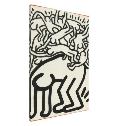 Keith Haring Canvas Print featuring a group of dancing figures in bold black outlines on a white background with expressive lines and an orange border.