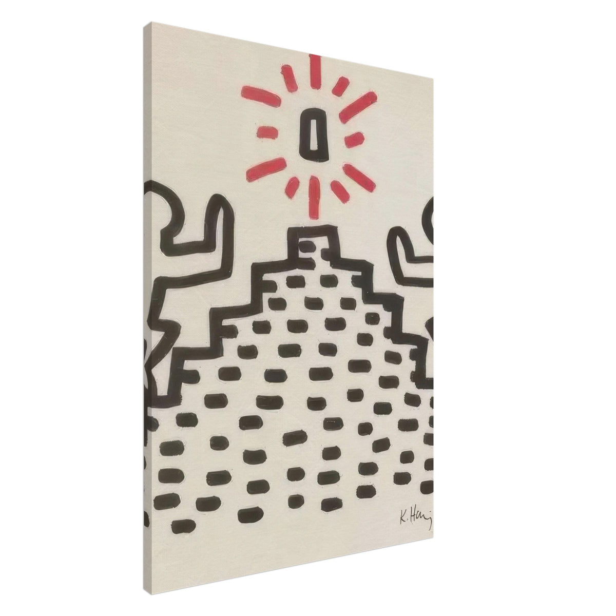 Keith Haring Canvas Print featuring a black dotted stepped pattern, a central black symbol surrounded by red rays, and partial dancing figures on a cream background.