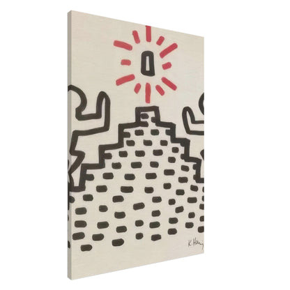 Keith Haring Canvas Print featuring a black dotted stepped pattern, a central black symbol surrounded by red rays, and partial dancing figures on a cream background.