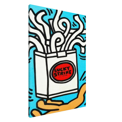 Keith Haring Lucky Strike Canvas Print featuring a white cigarette pack with a red Lucky Strike logo, bold black linework, a turquoise blue background, and a yellow-orange hand.