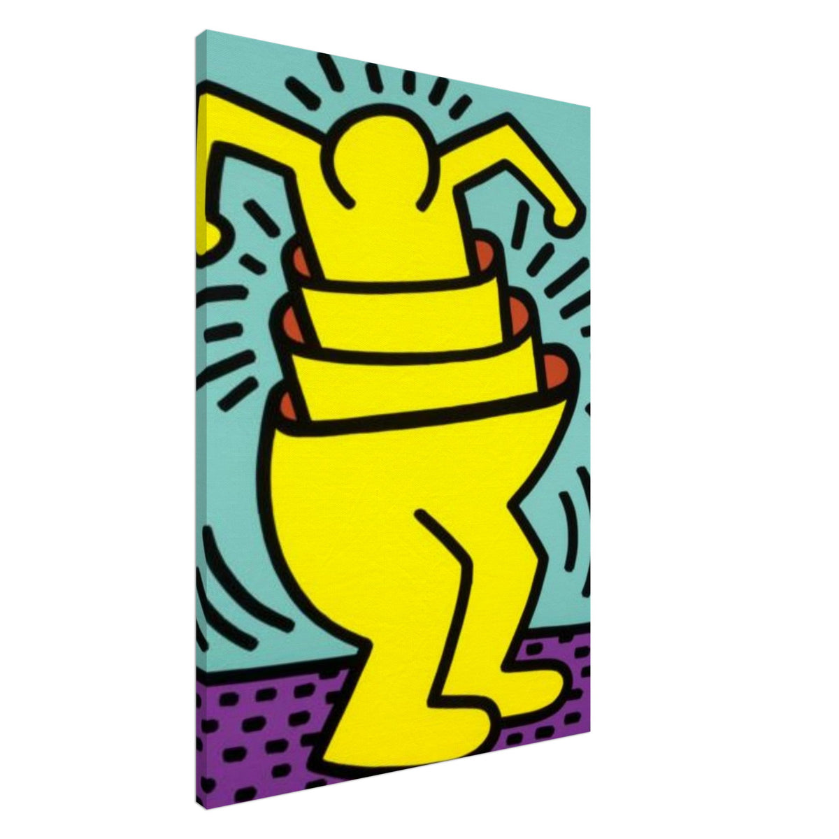 Keith Haring Yellow Dancing Figure Canvas Print with Bold Black Outlines, Turquoise Background, and Purple Patterned Border.
