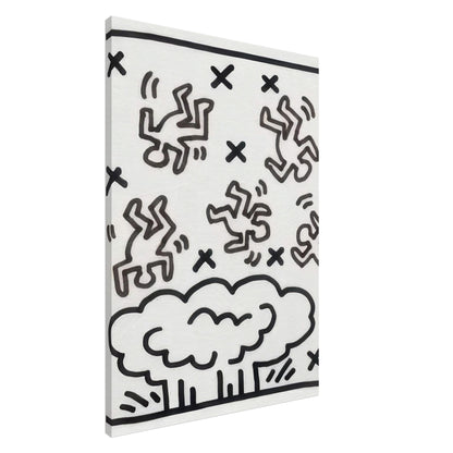 Keith Haring Black and White Canvas Print featuring multiple dancing figures, bold black outlines, X-shaped symbols, and a cloud-like graphic on a white background.