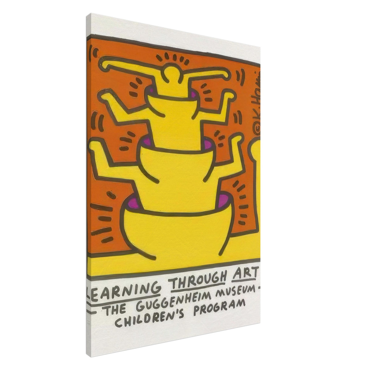 Keith Haring Learning Through Art Canvas Print featuring stacked yellow dancing figures on an orange background with text celebrating the Guggenheim Museum Children’s Program.