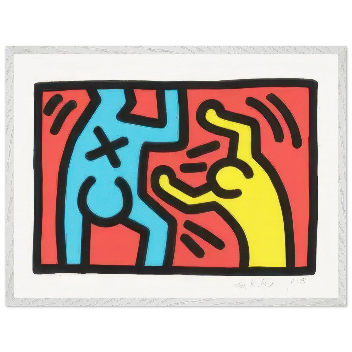 Keith Haring framed art print featuring colorful blue and yellow figures, bold black outlines and vibrant red background