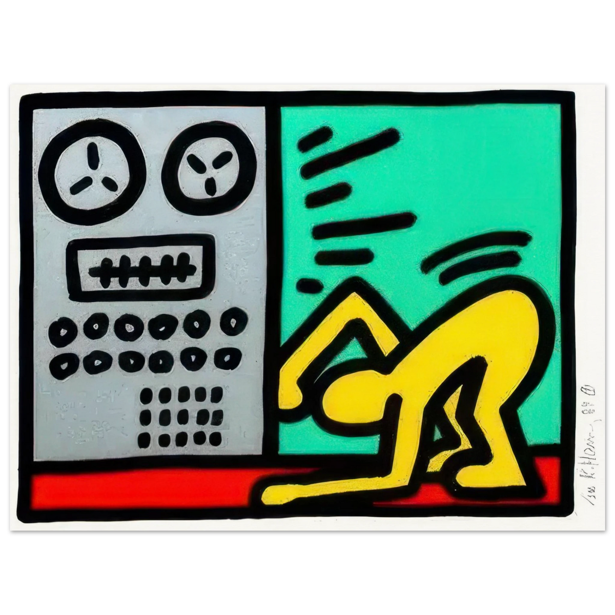 Pop Shop III demonstrates Haring’s mastery of screen printing, using five layers of colour—grey, black, green, red and yellow