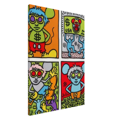Keith Haring Pop Art Canvas featuring four colorful comic-style panels, bold outlined figures, sunglasses, dollar signs, and vibrant red, blue, green, and orange colors.