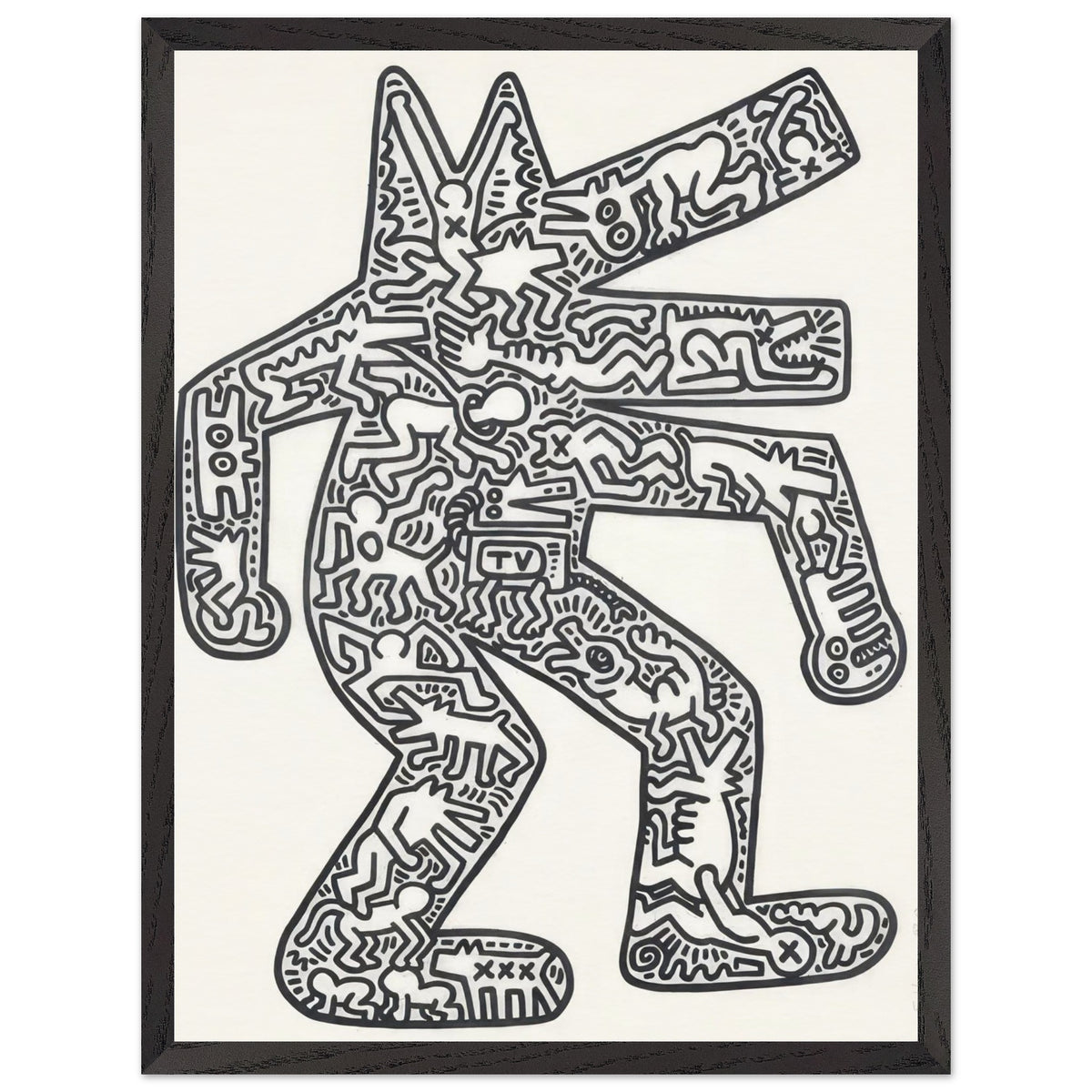 Keith Haring framed print featuring iconic artwork, bold lines and vibrant Pop Art colours