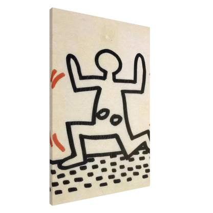 Keith Haring Canvas Print featuring a bold black dancing figure with raised arms, orange movement lines, and a black dotted pattern on a beige background.