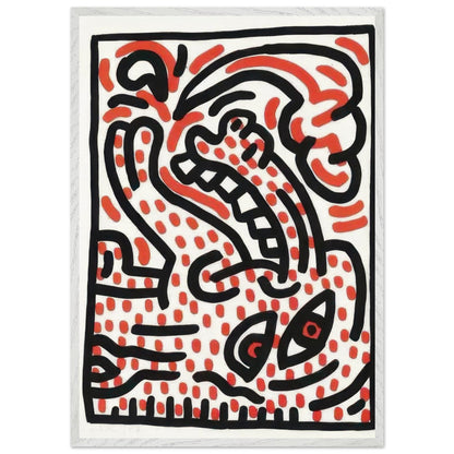 Keith Haring print featuring an abstract figure surrounded by bold black lines and red dotted patterns