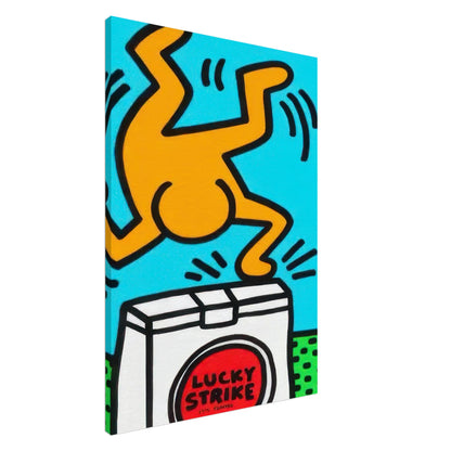 Keith Haring Lucky Strike Canvas Print featuring an orange dancing figure above a white cigarette pack with a red Lucky Strike logo, turquoise background, and green dotted border.