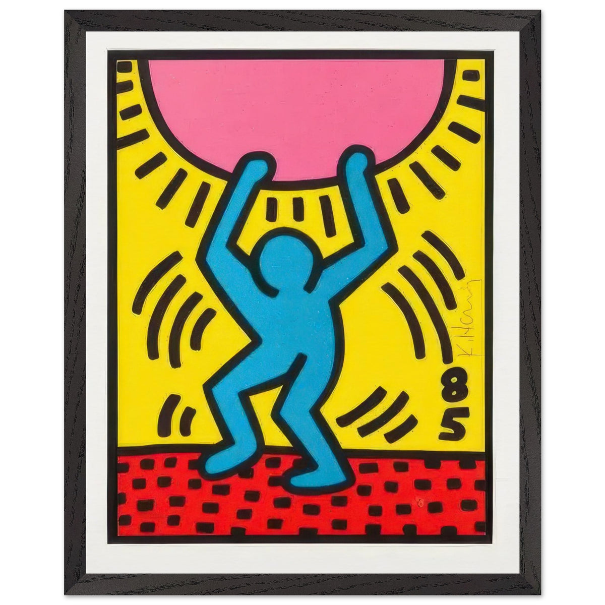 Keith Haring print featuring a blue dancing figure beneath a large pink shape, with bold black lines on a yellow and red background